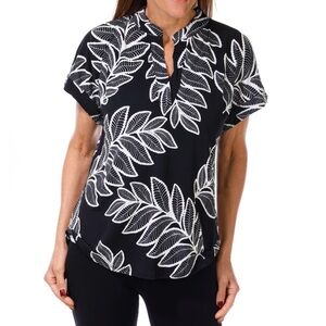 Amana Black & White Women's Floral Leaf Print Short Sleeve Blouse Size 1X